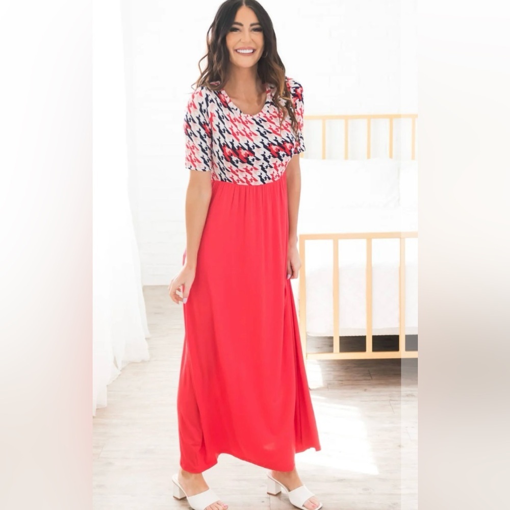 The Oksana Houndstooth Red Skirt Maxi Dress